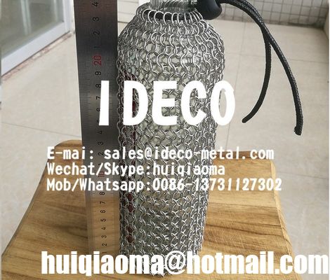 أكياس زجاجات نبيذ شبكية بحلقات معدنية، أكمام حافظة مشروبات معدنية، حامل زجاجات نبيذ معدني