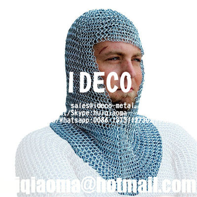 غطاء رأس/قلنسوة/شبكة درع معدني من الفولاذ المقاوم للصدأ، بدلة زي قميص حلقي معدني